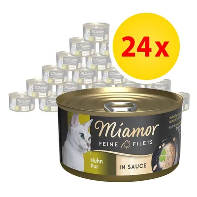 24 lattine di Miamor Feine Filets Huhn Pur in Sauce, confezione con immagine di un gatto bianco e filetto di pollo visibile sull'etichetta. 24 lattine di Miamor Feine Filets Huhn Pur in Sauce, confezione con immagine di un gatto bianco e filetto di pollo visibile sull'etichetta.