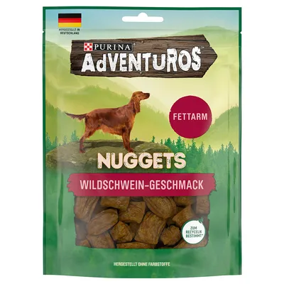 Purina Adventuros Nuggets con sabor a jabalí, bajos en grasa, fabricados en Alemania, sin colorantes, envase reciclable.