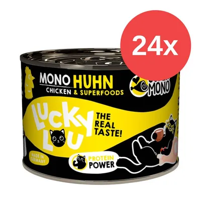 Lucky Lou Mono Huhn Chicken & Superfoods, Made in Germany, Protein Power, The Real Taste! Verpackung mit 24x Hinweis.