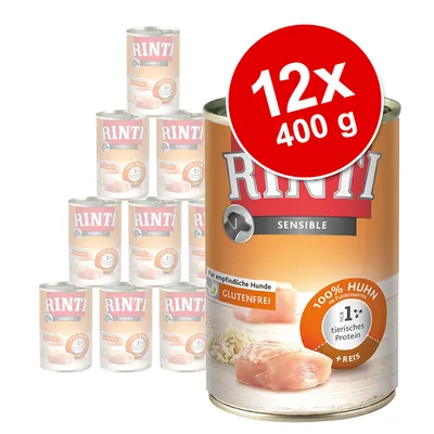 RINTI Sensible koiran märkäruoka, 12 x 400 g tölkkiä. Etiketissä tekstit: 100 % Huhn, 1 % tierisches Protein, Glutenfrei, +Reis. Kanapalan ja riisin kuva.