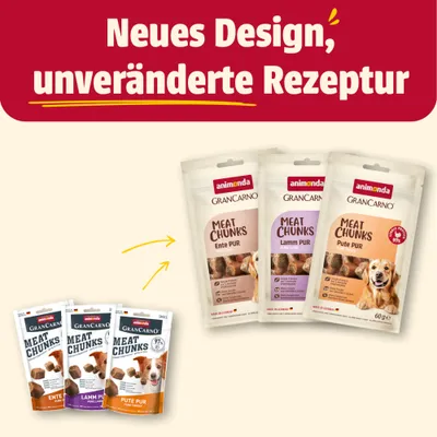 Nouveau design, recette inchangée. animonda GranCarno Meat Chunks Canard Pur, Agneau Pur, Dinde Pur illustrés dans le nouvel et l'ancien design d'emballage.