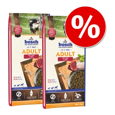 Bosch Adult alimento para perros a partir de 12 meses con cordero y arroz, 21,5% proteína, 10,5% grasa, sin trigo, complejo inmunitario, perfil nutricional equilibrado. Oferta con símbolo rojo de porcentaje.