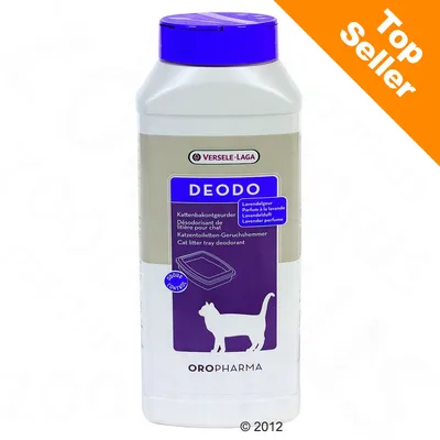 Versele-Laga Oropharma DEODO désodorisant de litière pour chat, parfum à la lavande, contrôle des odeurs, étiquette multilingue visible sur le flacon. Versele-Laga Oropharma DEODO désodorisant de litière pour chat, parfum à la lavande, contrôle des odeurs, étiquette multilingue visible sur le flacon.
