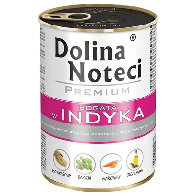 Dolina Noteci Premium, bogat în curcan. Ingrediente: orez brun, busuioc, morcovi, ulei de in. Hrană completă pentru câini adulți.