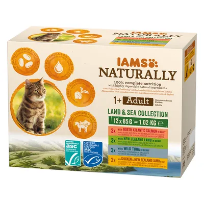 36 + 12 kaupan päälle! 48 x 85 g IAMS - Naturally Adult Cat Land & Sea Collection