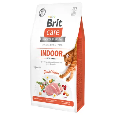 Brit Care Indoor Anti-Stress, superpremium cat food, Fresh Chicken, pour chats adultes d’intérieur. Texte visible : soothe anxiety, healthy digestion and immunity, easy passage of hairballs.