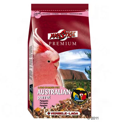 Versele-Laga Prestige Premium Loro Parque Mix Australian Parrot, afbeelding van roze papegaai, hersluitbare verpakking, zichtbaar zadenmengsel, Loro Parque-logo, tekst in meerdere talen.