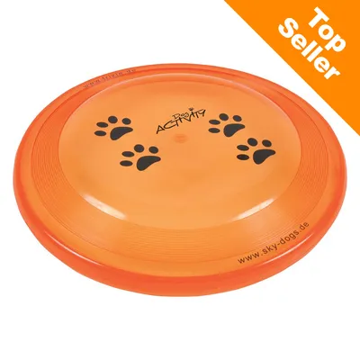 Pomarańczowy frisbee z napisem Dog Activity, czterema czarnymi śladami łap i adresem www.sky-dogs.de. Napis Top Seller w rogu.