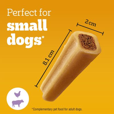 Chew snack, length 8.1 cm, width 2 cm. Text: Perfect for SMALL DOGS. Symbols for chicken and beef. Note: Complementary food for adult dogs.