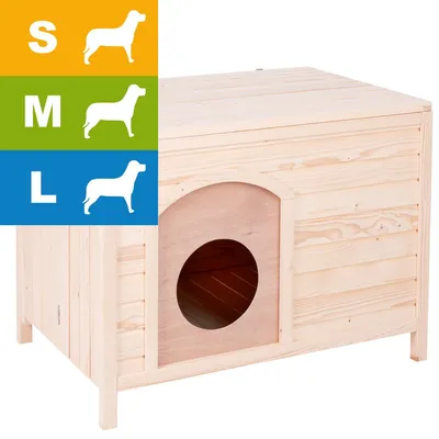 Cuccia in legno per cani con ingresso rotondo, disponibile in tre taglie: S, M, L. Icone di cane e lettere S, M, L su sfondo arancione, verde e blu.