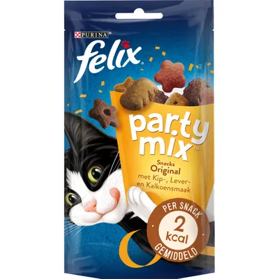 Purina Felix party mix Snacks Original met kip-, lever- en kalkoensmaak, per snack gemiddeld 2 kcal. Verpakking toont gekleurde kattensnoepjes en merknaam.