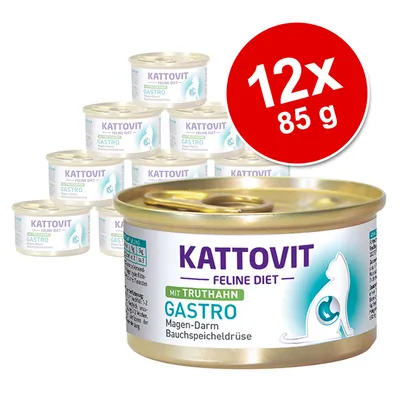 Kattovit Feline Diet Gastro mit Truthahn, 12x85 g. Text på burk: Magen-Darm Bauchspeicheldrüse. Bild på flera konservburkar med guldfärgat lock.