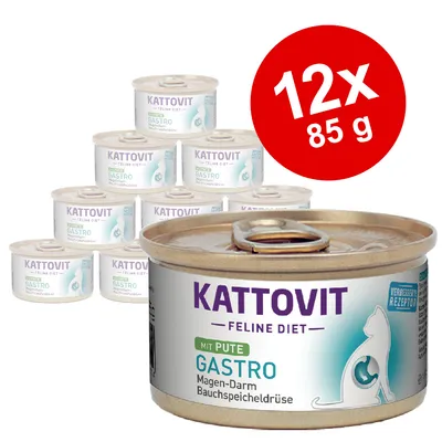Kattovit Feline Diet Gastro mit Pute, Magen-Darm Bauchspeicheldrüse, verbesserte Rezeptur, 12x 85g Dosen.