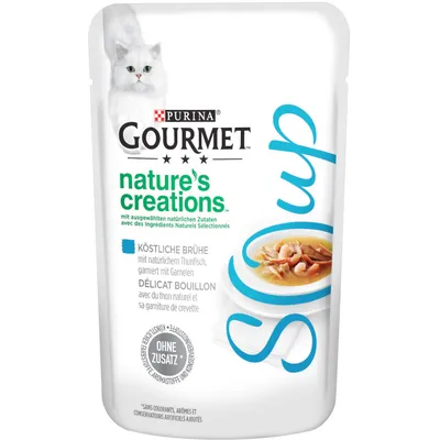 Purina Gourmet Nature's Creations Soup. Okusna juha z naravnim tunom, obložena s kozicami. Brez dodanih barvil, arom in konzervansov.