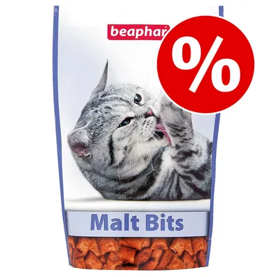 beaphar Malt Bits -kissanherkut, pakkauksessa harmaa kissa ja punainen alennusmerkki %
