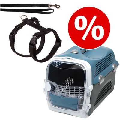 Sæt med sort sele, line og blå transportkasse til kæledyr. Rød cirkel med hvidt procenttegn indikerer tilbud eller rabat.