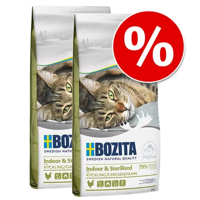 Bozita Indoor & Sterilised Katzenfutter mit Huhn, 79% tierisches Protein, 2kg Packung. Rotes Prozentzeichen für Rabattaktion sichtbar.