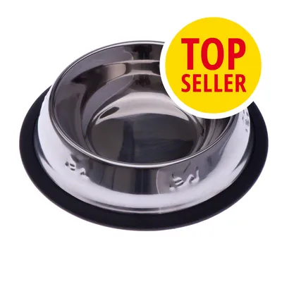 Edelstahlnapf mit rutschfestem Gummiring, gelbes Badge mit rotem Text 'Top Seller'. Edelstahlnapf mit rutschfestem Gummiring, gelbes Badge mit rotem Text 'Top Seller'.