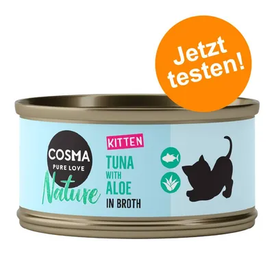 COSMA PURE LOVE Nature KITTEN TUNA WITH ALOE IN BROTH, texte allemand «Jetzt testen!» sur un cercle orange, silhouette de chaton et icônes poisson et aloe visibles sur l’emballage.
