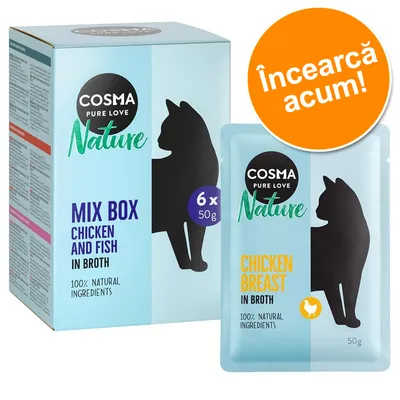 Cosma Pure Love Nature Mix Box Chicken and Fish in Broth, 6 x 50 g. Plic: Chicken Breast in Broth, 50 g. 100% natural ingredients. Text portocaliu: Încearcă acum!