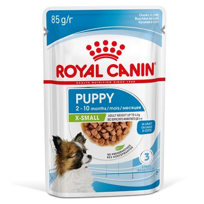 ROYAL CANIN Puppy X-Small, 2–10 months, adult weight up to 4 kg, 85 g, chunks in gravy, no preservatives, Stage 3.