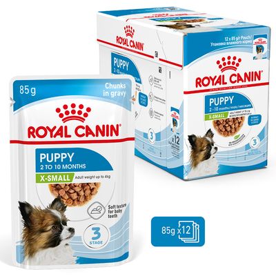Royal Canin Puppy X-Small, 2–10 months, 85g pouch, pack of 12. Chunks in gravy. For a weight up to 4kg. Soft texture for milk teeth. Stage 3.