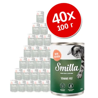 Smilla Yummy Pot с лососем, 40×100 г. На банке изображён кот и надписи: WITH SALMON, CONTAINS TAURINE, GRAIN-FREE RECIPE, 400 г.