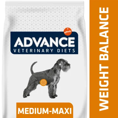 ADVANCE Veterinary Diets affinity, WEIGHT BALANCE, MEDIUM-MAXI. Kuvassa koira ja oranssi ympyrä vatsan kohdalla.