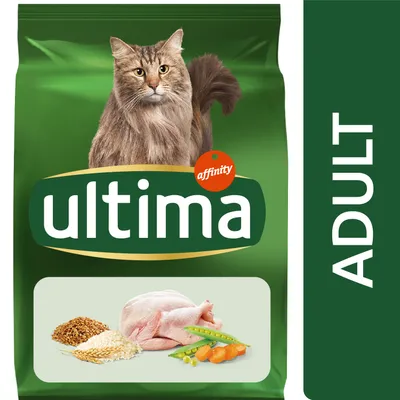 Sac de croquettes pour chat Ultima affinity ADULT, image d’un chat, morceaux de poulet, céréales, pois et carottes visibles sur l’emballage. Sac de croquettes pour chat Ultima affinity ADULT, image d’un chat, morceaux de poulet, céréales, pois et carottes visibles sur l’emballage.