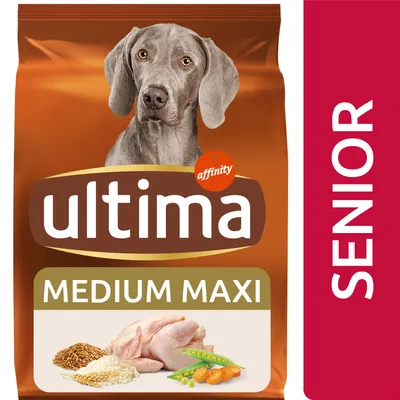 Pachet hrană pentru câini cu text: ultima affinity, MEDIUM MAXI, SENIOR. Imagine cu un câine și ingrediente vizibile: pui, morcovi, mazăre, cereale.