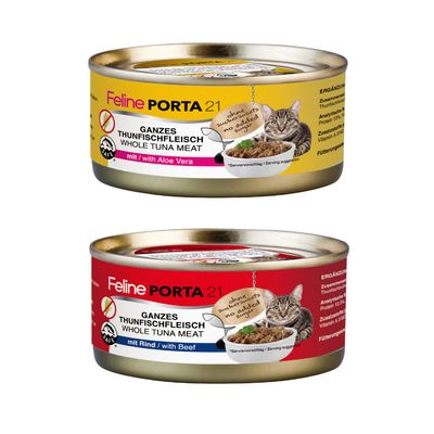Lot de 24 boîtes Feline Porta 21, 156 g chacune. Texte visible : Feines Hühnerfleisch Fine Chicken Meat pur/pure, sans sucres ajoutés. Plusieurs variétés en arrière-plan.