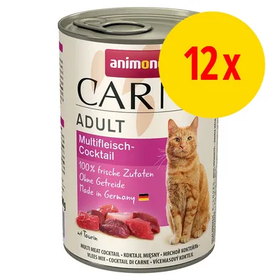animonda Carny Adult Multifleisch-Cocktail kattenvoer, 12x blik. Tekst: 100% frische Zutaten, Ohne Getreide, Made in Germany, met afbeelding van vlees en kat. animonda Carny Adult Multifleisch-Cocktail kattenvoer, 12x blik. Tekst: 100% frische Zutaten, Ohne Getreide, Made in Germany, met afbeelding van vlees en kat.