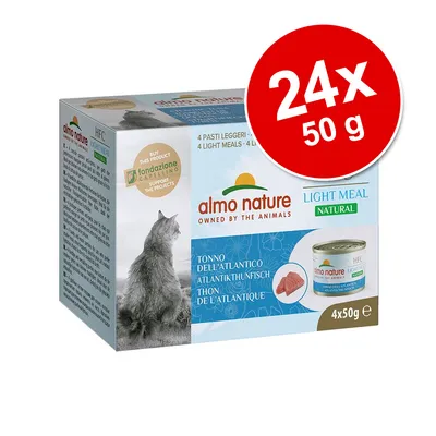 Pachet almo nature Light Meal Natural, ton din Atlantic, 24x50 g. Text vizibil: 4x50g, HFC, fondazione Capellino, imagine pisică și conservă.