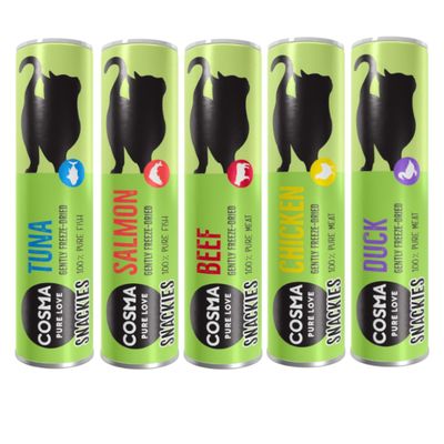 Offre découverte Cosma Friandises lyophilisées pour chat 76 g, 5 sortes (poulet, thon, canard, saumon & bœuf)