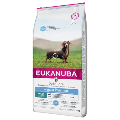 Eukanuba Daily Care Weight Control, premium ξηρά τροφή για μικρούς και μεσαίους σκύλους έως 25kg, 30% λιγότερα λιπαρά, κατάλληλη για ενήλικες από 1 έτους. Συσκευασία: 15kg.