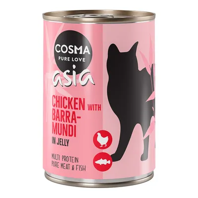 Cosma Pure Love asia. Chicken with barramundi in jelly. Multi protein pure meat & fish. Dåse med sort katte-silhuet og ikoner for kylling og fisk.