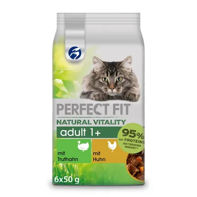 Perfect Fit Natural Vitality Adult 1+ z indykiem i kurczakiem, 95% białka zwierzęcego, opakowanie 6x50g.