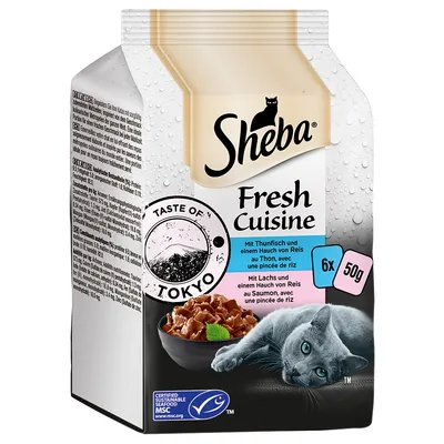 Sheba Fresh Cuisine, Taste of Tokyo, tonnikalaa ja lohta, ripaus riisiä, 6x50g. MSC-sertifioitu kestävät merenelävät. Sheba Fresh Cuisine, Taste of Tokyo, tonnikalaa ja lohta, ripaus riisiä, 6x50g. MSC-sertifioitu kestävät merenelävät.