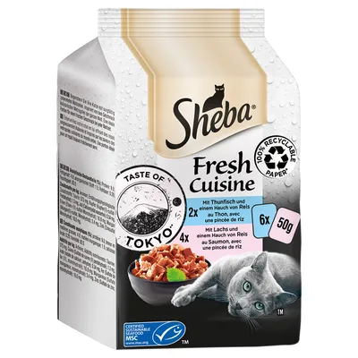 Sheba Fresh Cuisine, Taste of Tokyo, 6x50g. S tunjevinom i lososom, održivi morski plodovi s MSC certifikatom, 100% reciklirani papir. Sheba Fresh Cuisine, Taste of Tokyo, 6x50g. S tunjevinom i lososom, održivi morski plodovi s MSC certifikatom, 100% reciklirani papir.