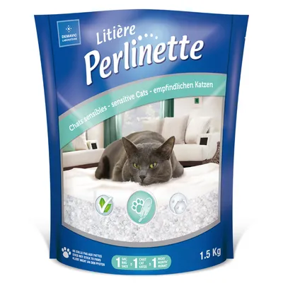 Demavic Litière Perlinette, kissanhiekka herkille kissoille, 1,5 kg. Ei tartu tassuihin, riittää yhdelle kissalle kuukaudeksi.