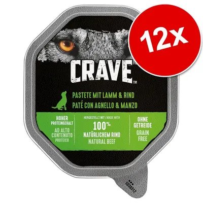 CRAVE пастет с агнешко и говеждо, 12 броя. Високо съдържание на протеин, 100% натурално говеждо, без зърнени храни. Видими текстове на немски, английски и италиански.