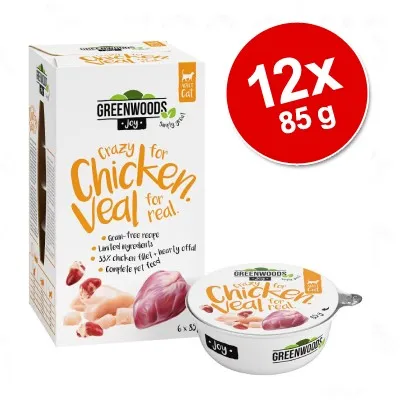 GREENWOODS Joy Cat Crazy for Chicken Veal for real, lot de 12 x 85 g. Texte visible : grain-free recipe, limited ingredients, 33% chicken/veal + nearly offal, complete pet food. GREENWOODS Joy Cat Crazy for Chicken Veal for real, lot de 12 x 85 g. Texte visible : grain-free recipe, limited ingredients, 33% chicken/veal + nearly offal, complete pet food.