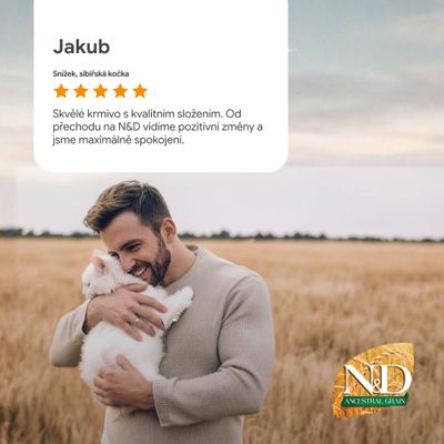 Hodnocení zákazníka: Jakub, pět hvězdiček. Skvělé krmivo s kvalitním složením. Od přechodu na N&D vidíme pozitivní změny a jsme maximálně spokojeni. N&D Ancestral Grain.