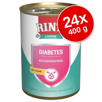 Conservă Rinti Canine Diabetes, Blutzuckerspiegel, mit Huhn, 24x400 g. Text suplimentar: wenig Fett, Kohlenhydrate, Ballaststoffe.