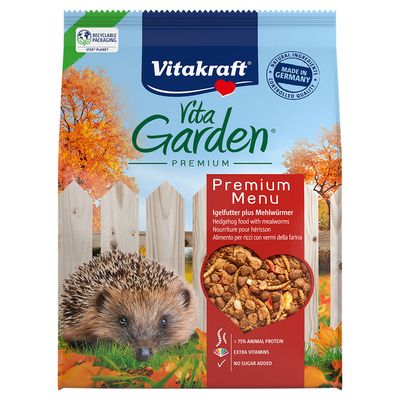 Vitakraft Premium Menu, krmivo pre ježkov plus múčne červy. Vyrobené v Nemecku, 75 % živočíšnych bielkovín, vitamíny a minerály, bez pridaného cukru, ochrana voľne žijúcich zvierat.