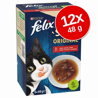 Cutie Felix Soup Original, Purina, 12x48g. Text vizibil: 2x Rind, Huhn, Lamm; Boeuf, Poulet, L'Agneau. Fără coloranți. Imagine cu supă și bucăți de carne pentru pisici.