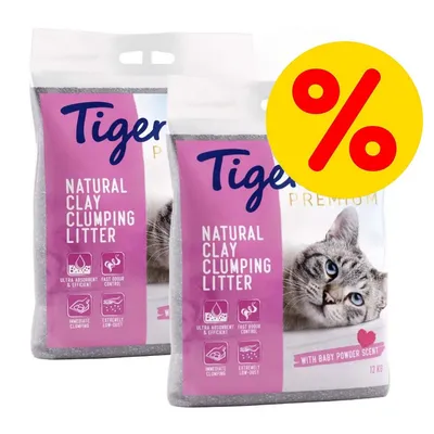 Due confezioni di Tigerino Premium Natural Clay Clumping Litter da 12 kg, scritta 'with baby powder scent', simbolo percentuale giallo e rosso per offerta visibile sull'immagine.