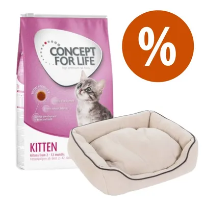 Balenie krmiva Concept for Life Kitten s obrázkom mačiatka, béžový pelech pre mačky, oranžový symbol percenta zľavy v pravom hornom rohu