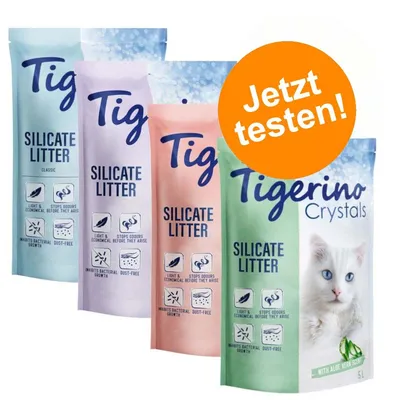 Tigerino Silicate Litter in vier Sorten, Aufdruck: leicht, stoppt Gerüche, hemmt Bakterienwachstum, staubfrei. Orange Kreis mit Text: Jetzt testen!