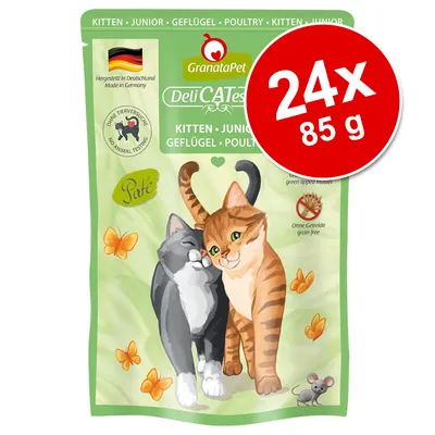 GranataPet DeliCATessen Kitten Junior, pateu cu carne de pasăre, fără cereale, 24x85g. Fabricat în Germania. Fără testare pe animale. Text vizibil: Paté, Ohne Getreide, No Animal Testing. GranataPet DeliCATessen Kitten Junior, pateu cu carne de pasăre, fără cereale, 24x85g. Fabricat în Germania. Fără testare pe animale. Text vizibil: Paté, Ohne Getreide, No Animal Testing.